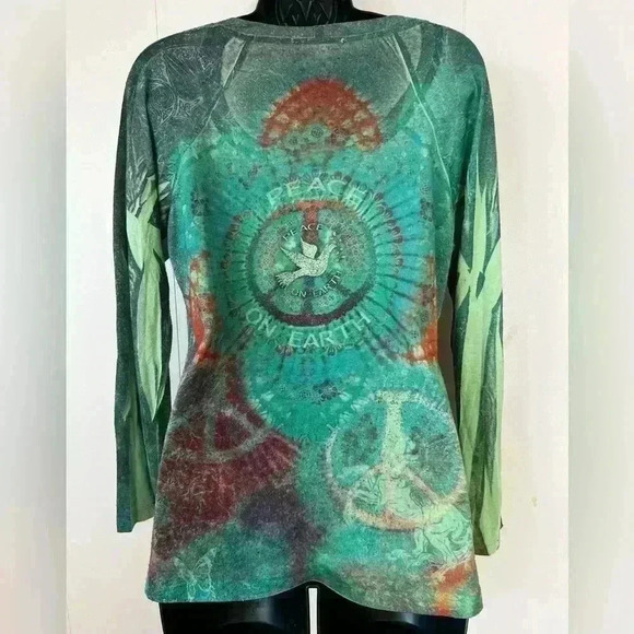 Dress Barn Petite Women's Sz PM Peace On Earth Peacock Teal Long Sleeve Top - Picture 2 of 4